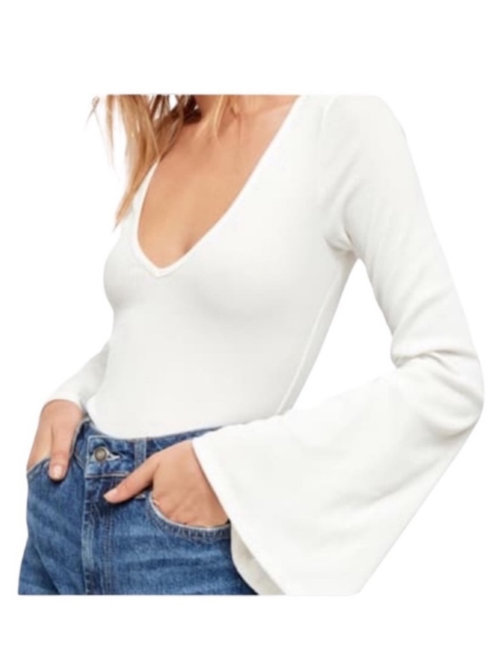 FREE PEOPLE Charli Ribbed Bodysuit Ivory Bell Sleeve Deep V Neck M